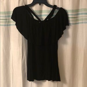 Black flowy off the shoulder top w/ cross cross